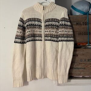 Vintage One on One Cream and Brown Patterned Wool Blend Knit Sweater Size Large
